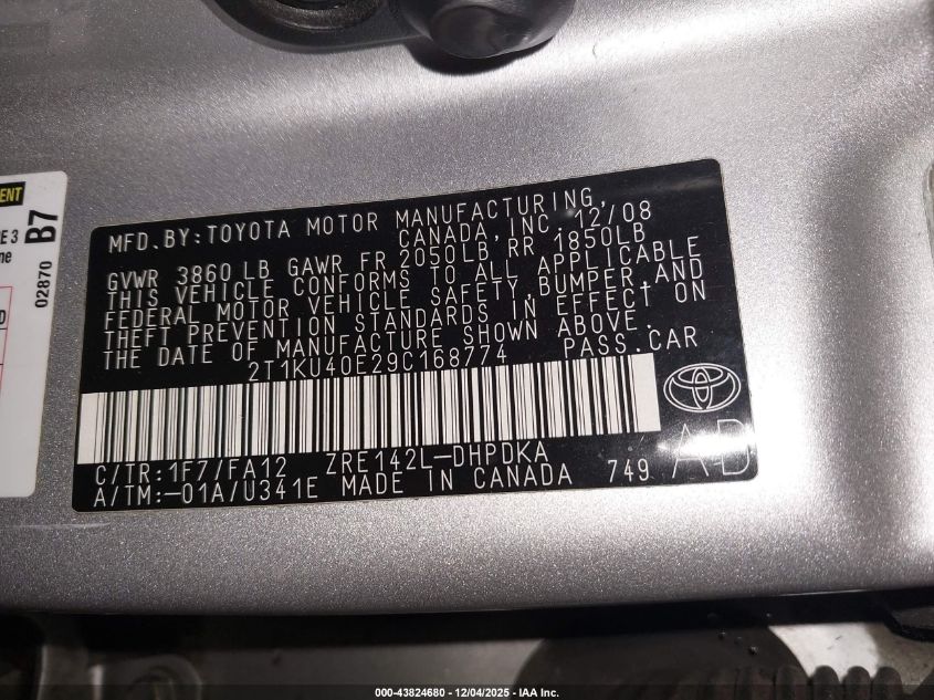 2009 Toyota Matrix VIN: 2T1KU40E29C168774 Lot: 43824680