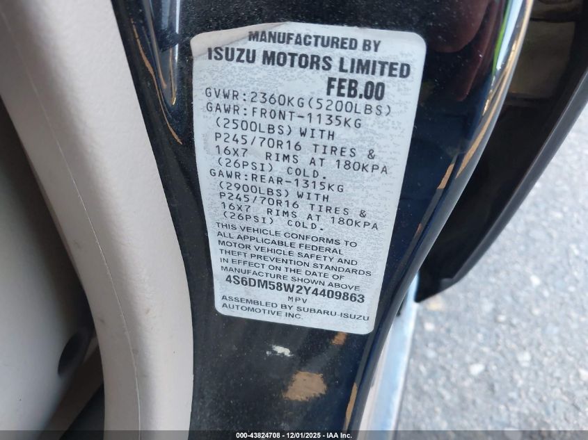 2000 Honda Passport Ex/Lx VIN: 4S6DM58W2Y4409863 Lot: 43824708