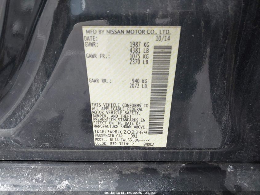 2015 Nissan Altima 3.5 Sl VIN: 1N4BL3AP8FC202269 Lot: 43824713