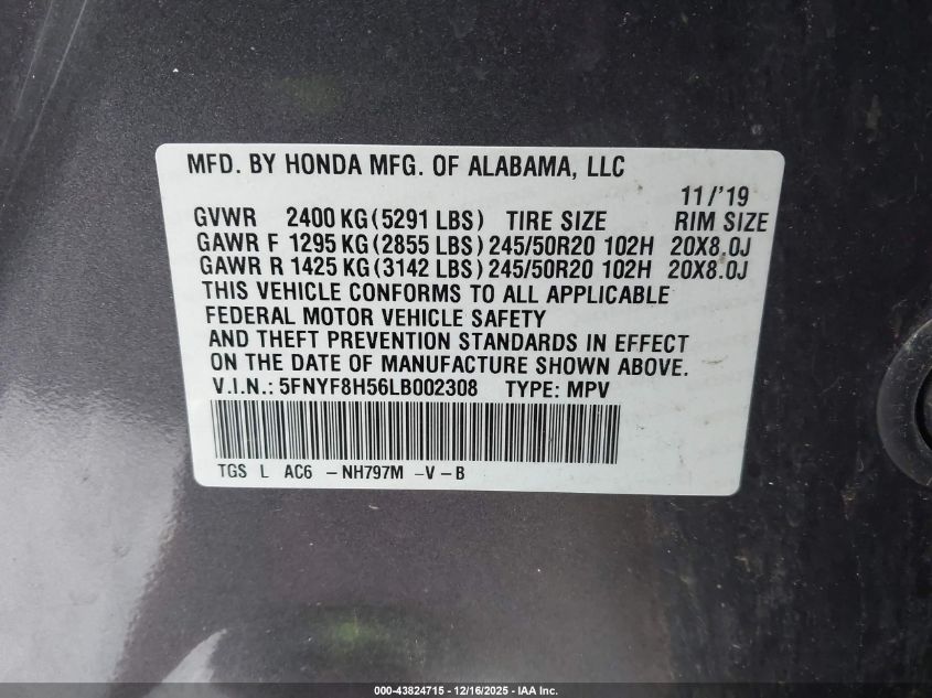 2020 Honda Passport Awd Ex-L VIN: 5FNYF8H56LB002308 Lot: 43824715