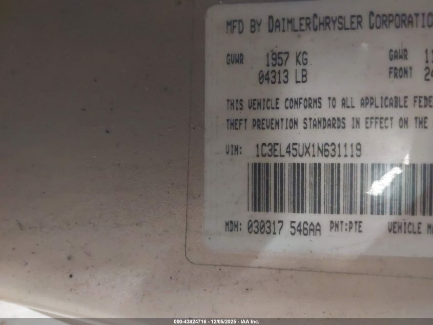 2001 Chrysler Sebring Lx VIN: 1C3EL45UX1N631119 Lot: 43824716