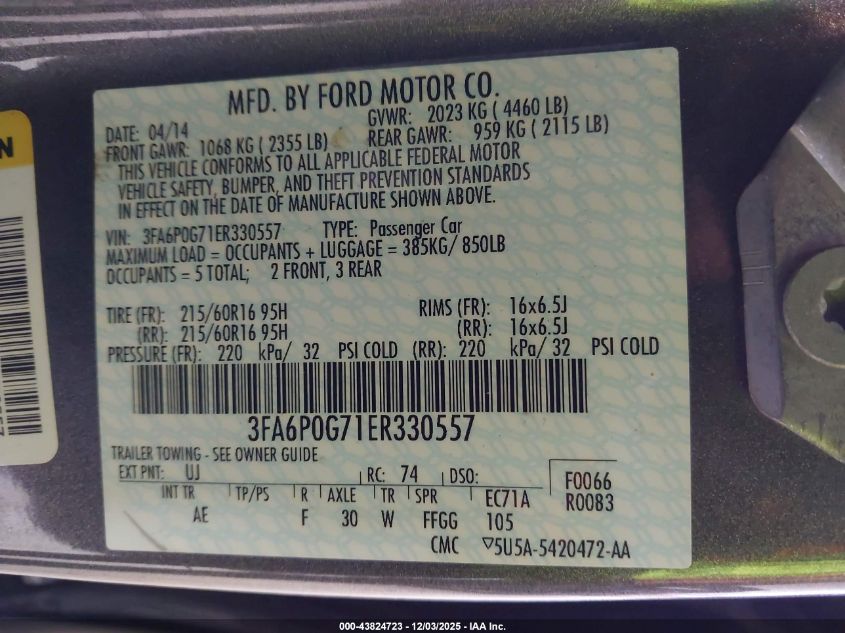 2014 Ford Fusion S VIN: 3FA6P0G71ER330557 Lot: 43824723