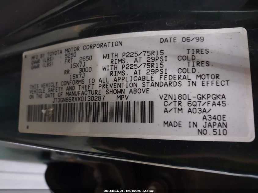 1999 Toyota 4Runner Sr5 V6 VIN: JT3GN86RXX0130287 Lot: 43824729