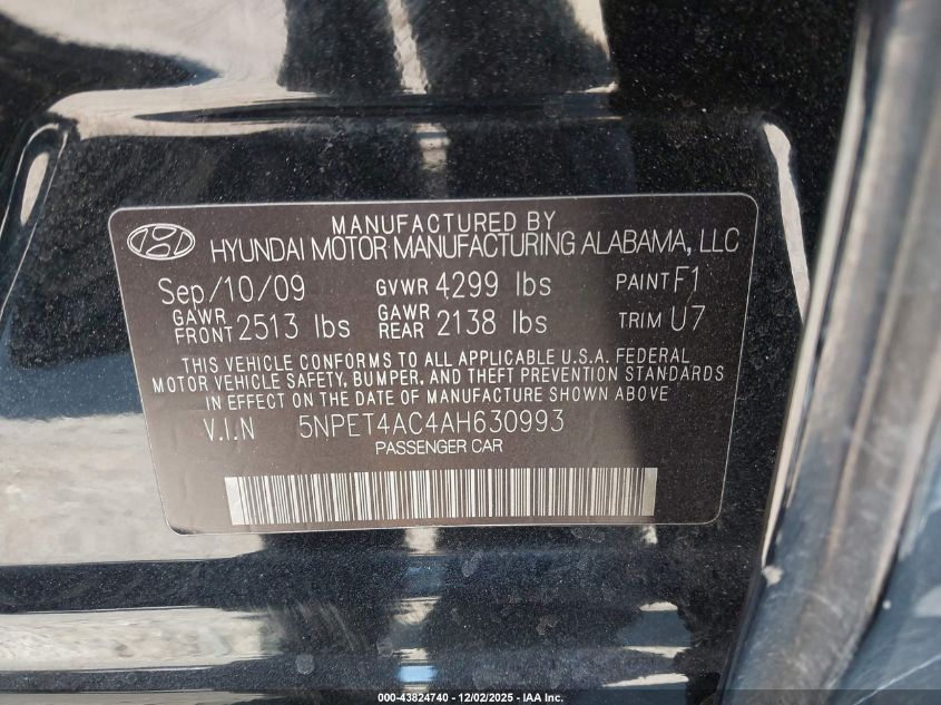 2010 Hyundai Sonata Gls VIN: 5NPET4AC4AH630993 Lot: 43824740