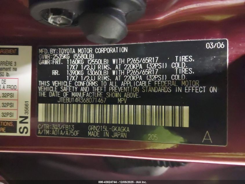 2006 Toyota 4Runner Sr5 Sport V6 VIN: JTEBU14R368071467 Lot: 43824744