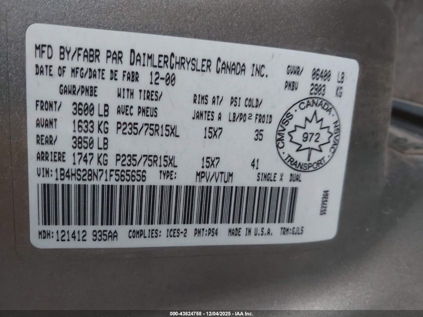 2001 Dodge Durango VIN: 1B4HS28N71F565656 Lot: 43824758