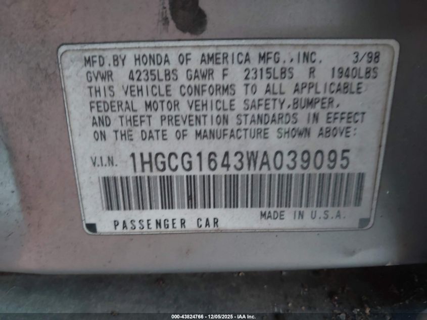 1998 Honda Accord Lx V6 VIN: 1HGCG1643WA039095 Lot: 43824766