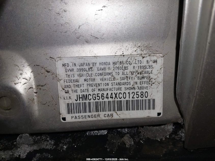 1999 Honda Accord Lx VIN: JHMCG5644XC012580 Lot: 43824771