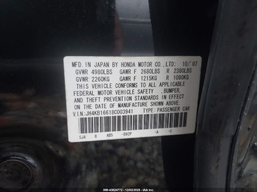 2008 Acura Rl 3.5 VIN: JH4KB16618C003941 Lot: 43824772