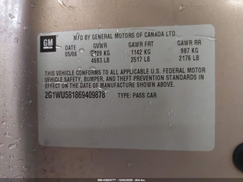 2006 Chevrolet Impala Ltz VIN: 2G1WU581869409878 Lot: 43824777