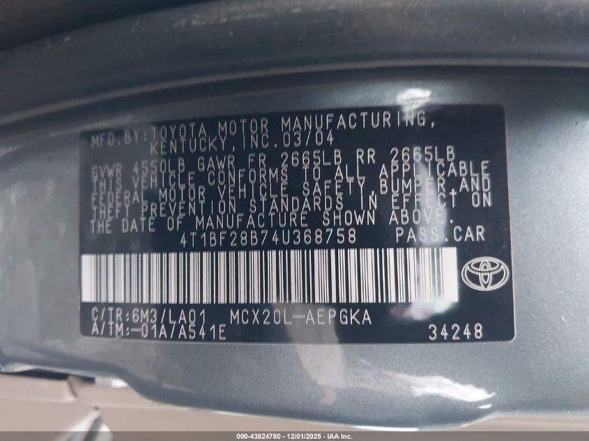 2004 Toyota Avalon Xls VIN: 4T1BF28B74U368758 Lot: 43824780