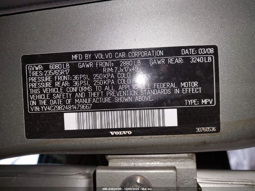 2008 Volvo Xc90 3.2 VIN: YV4CZ982481479667 Lot: 43824789