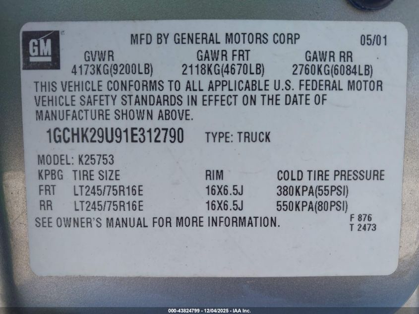 2001 Chevrolet Silverado 2500Hd Ls VIN: 1GCHK29U91E312790 Lot: 43824799