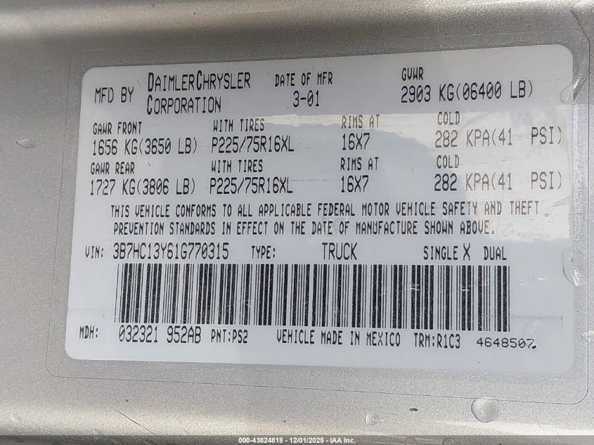 2001 Dodge Ram 1500 St VIN: 3B7HC13Y61G770315 Lot: 43824818
