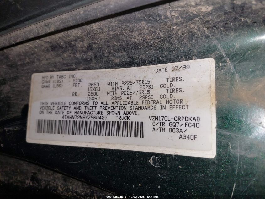 1999 Toyota Tacoma VIN: 4TAWN72N8XZ560427 Lot: 43824819