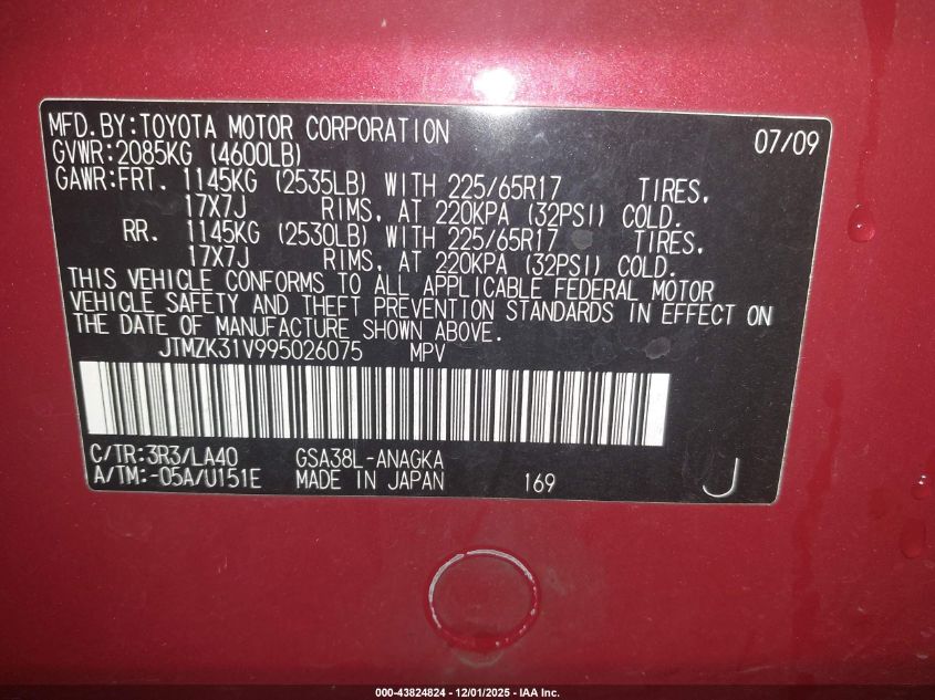 2009 Toyota Rav4 Limited V6 VIN: JTMZK31V995026075 Lot: 43824824