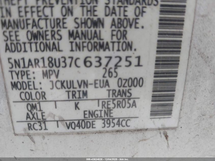 2007 Nissan Pathfinder Le VIN: 5N1AR18U37C637251 Lot: 43824828