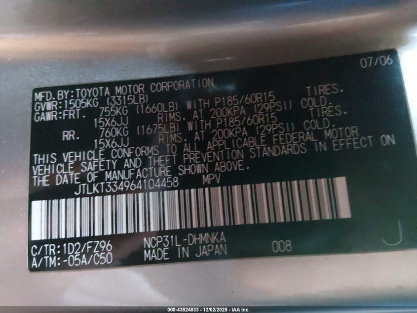 2006 Scion Xb VIN: JTLKT334964104458 Lot: 43824833