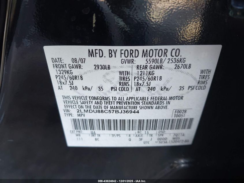 2007 Lincoln Mkx VIN: 2LMDU88C57BJ36944 Lot: 43824842