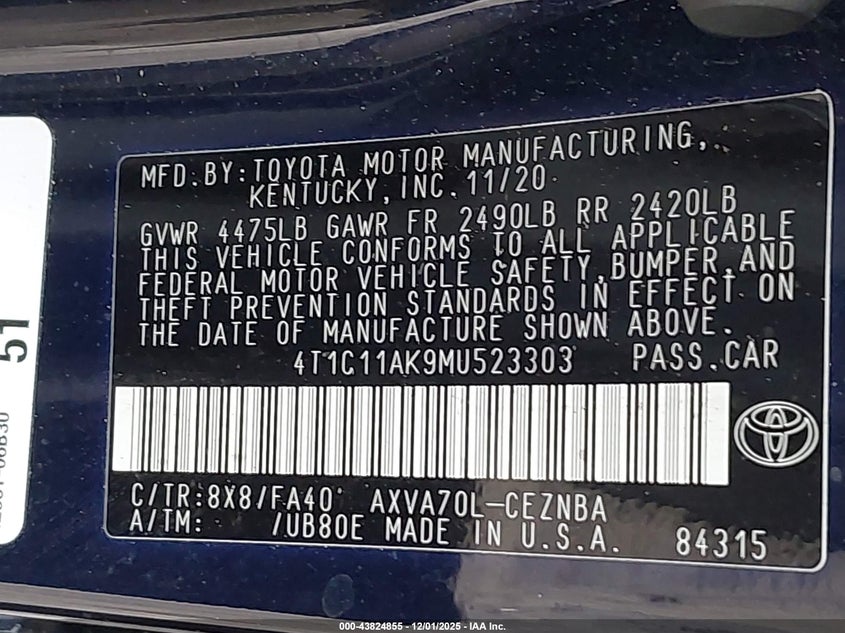 4T1C11AK9MU523303 2021 TOYOTA CAMRY photo no. 9