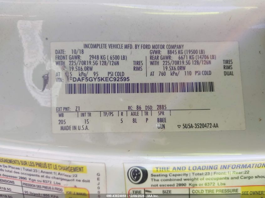 2019 Ford F-550 Chassis Xl VIN: 1FDAF5GY5KEC92595 Lot: 43824858