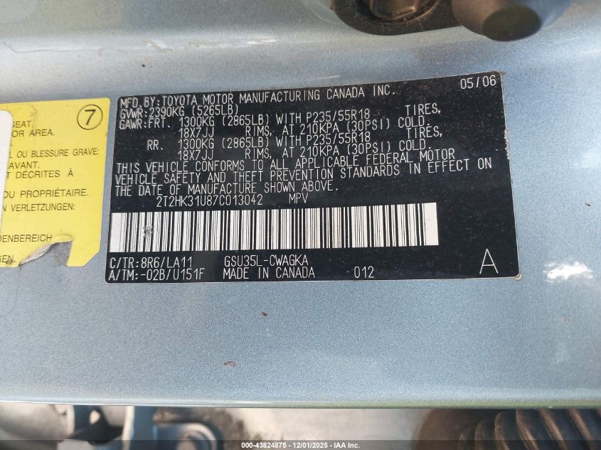 2007 Lexus Rx 350 VIN: 2T2HK31U87C013042 Lot: 43824875