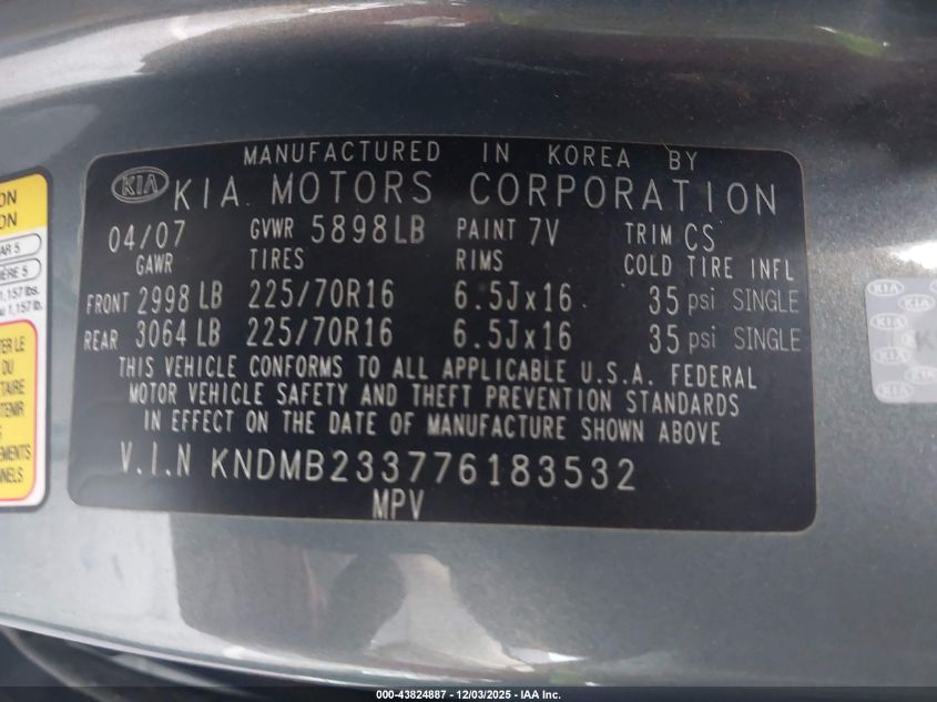 2007 Kia Sedona Lx VIN: KNDMB233776183532 Lot: 43824887