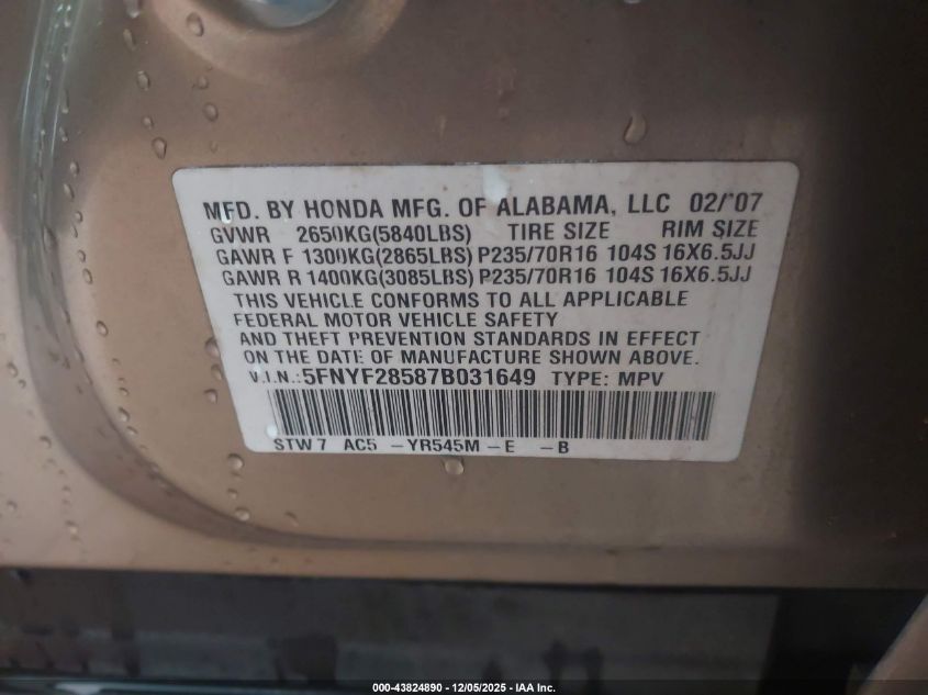 2007 Honda Pilot Ex-L VIN: 5FNYF28587B031649 Lot: 43824890
