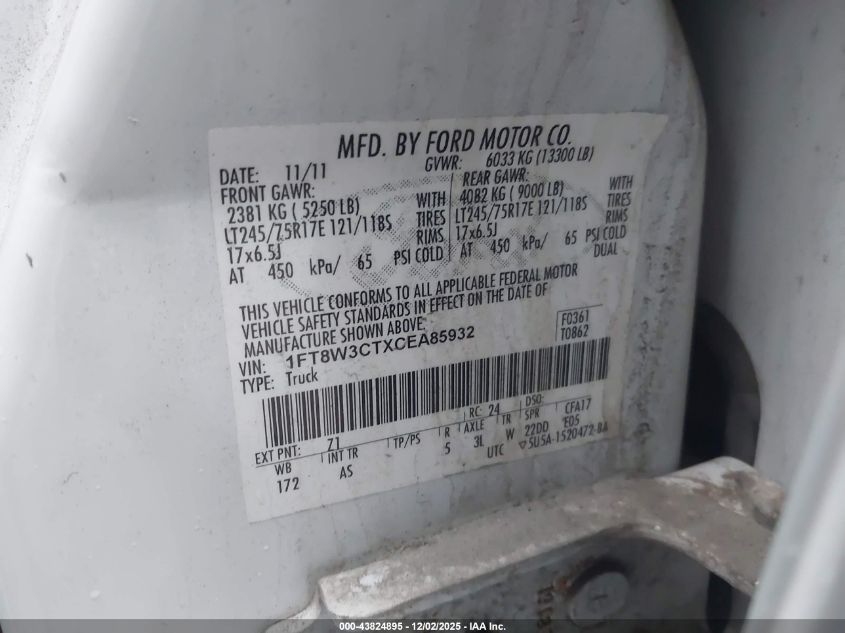 2012 Ford F-350 Xl VIN: 1FT8W3CTXCEA85932 Lot: 43824895
