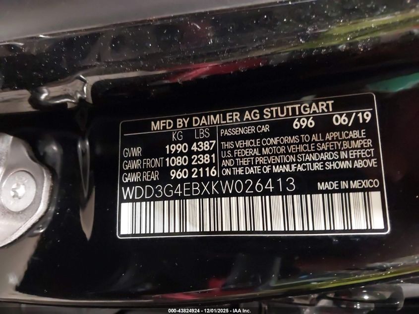 2019 Mercedes-Benz A 220 VIN: WDD3G4EBXKW026413 Lot: 43824924