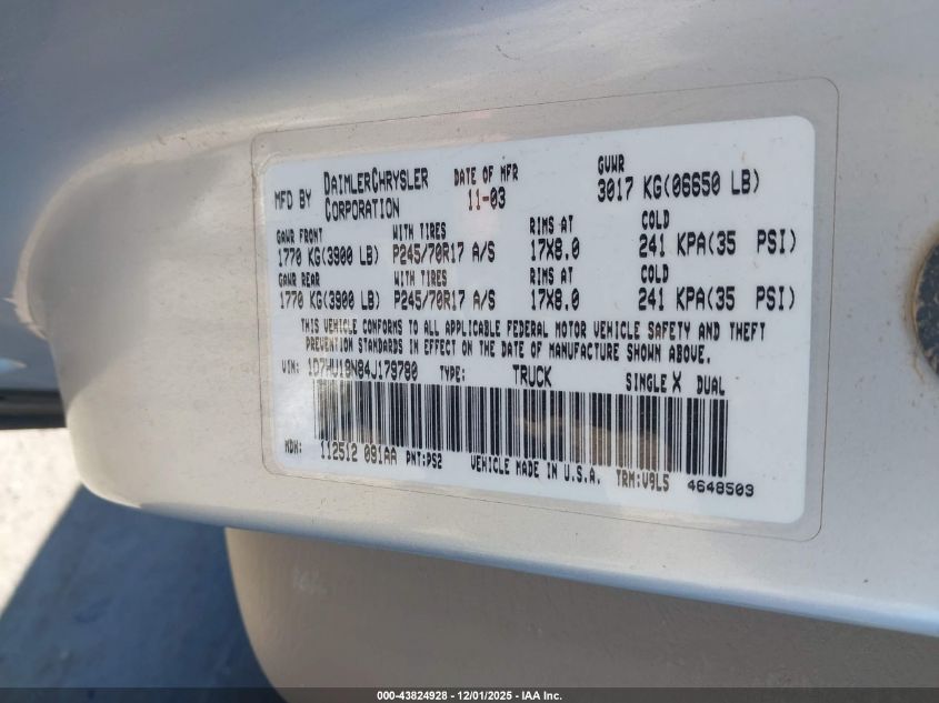 2004 Dodge Ram 1500 Slt/Laramie VIN: 1D7HU18N84J179780 Lot: 43824928