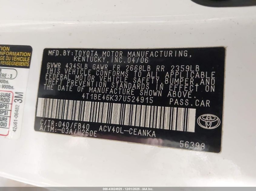 2007 Toyota Camry Le VIN: 4T1BE46K37U524915 Lot: 43824929