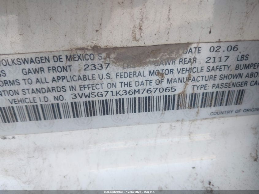 2006 Volkswagen Jetta 2.5 VIN: 3VWSG71K36M767065 Lot: 43824938
