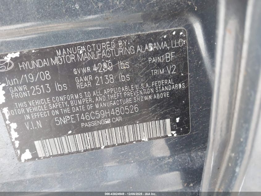2009 Hyundai Sonata Gls VIN: 5NPET46C59H480526 Lot: 43824949
