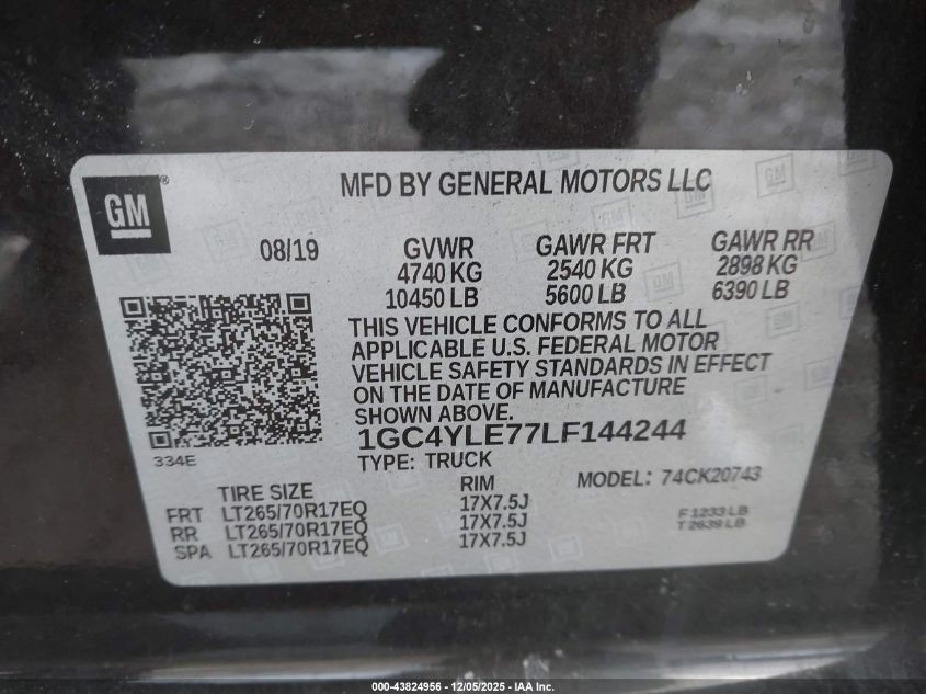 2020 Chevrolet Silverado 2500Hd VIN: 1GC4YLE77LF144244 Lot: 43824956