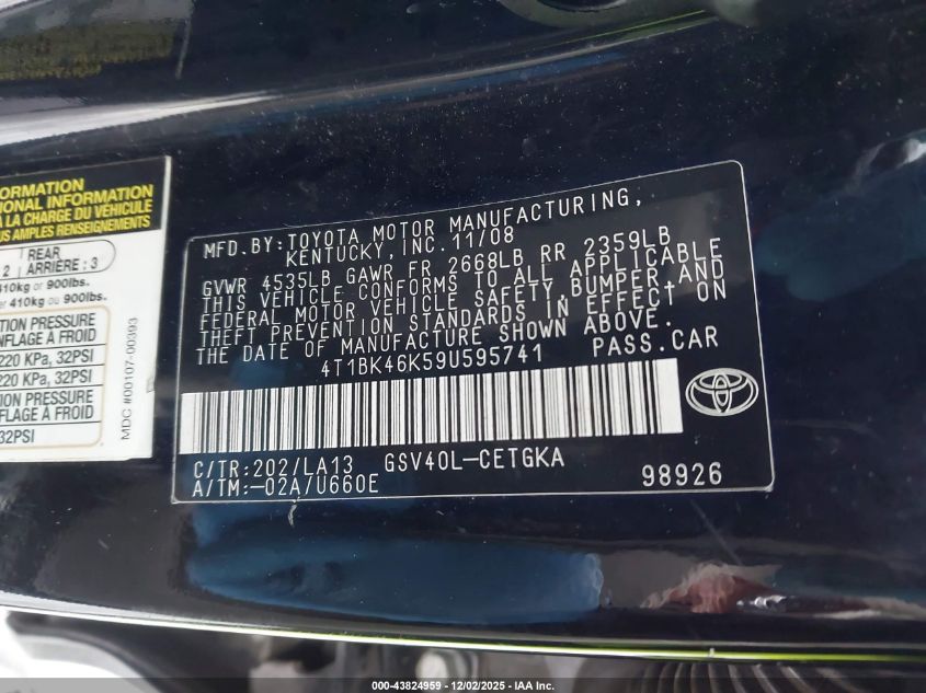 2009 Toyota Camry Xle V6 VIN: 4T1BK46K59U595741 Lot: 43824959