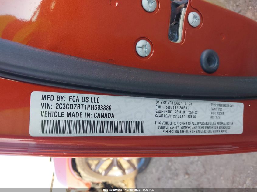 2023 Dodge Challenger R/T VIN: 2C3CDZBT1PH593889 Lot: 43824965