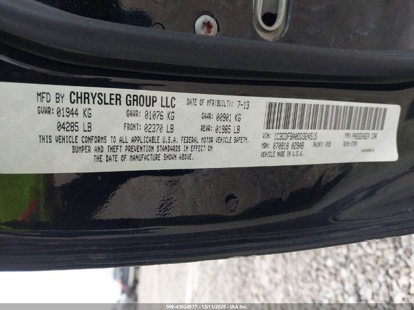 2013 Dodge Dart Sxt VIN: 1C3CDFBA0DD324515 Lot: 43824977