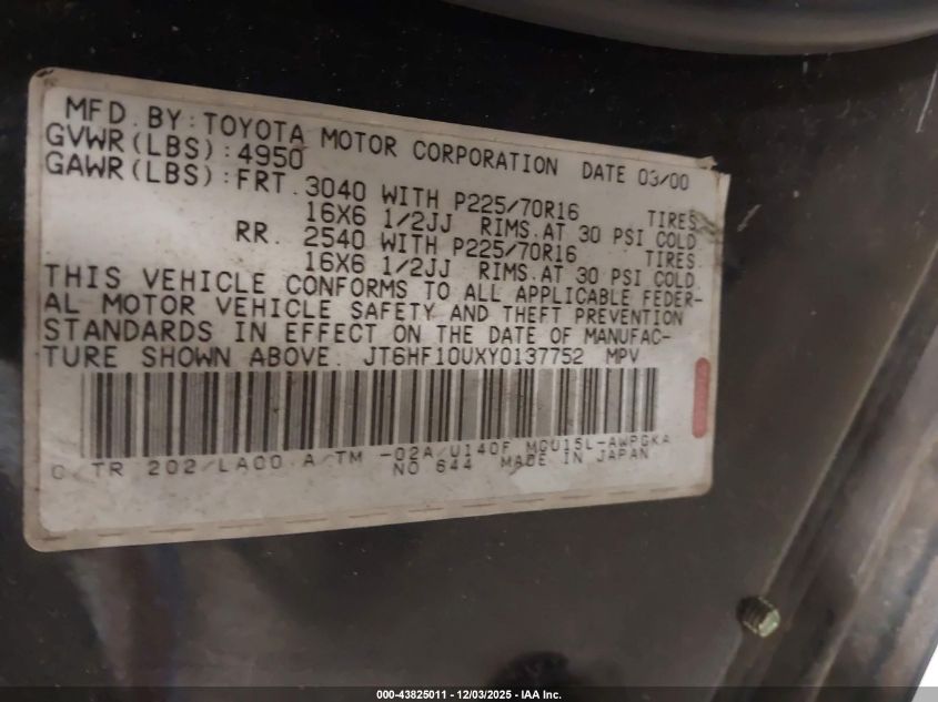 2000 Lexus Rx 300 VIN: JT6HF10UXY0137752 Lot: 43825011