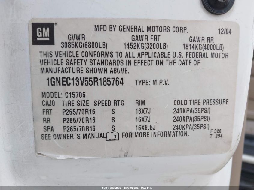 2005 Chevrolet Tahoe Ls VIN: 1GNEC13V55R185764 Lot: 43825050