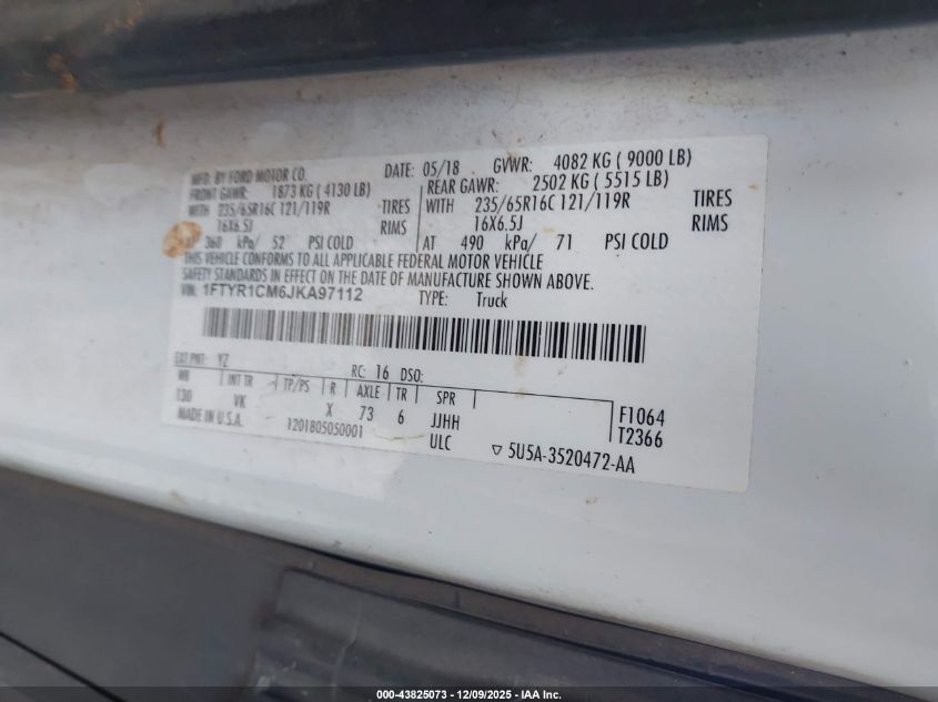 2018 Ford Transit-250 VIN: 1FTYR1CM6JKA97112 Lot: 43825073