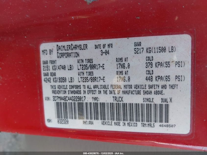 2004 Dodge Ram 3500 Slt/Laramie VIN: 3D7MA48C44G229017 Lot: 43825076