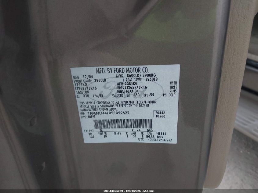 2005 Ford Excursion Eddie Bauer VIN: 1FMNU44L85EB52622 Lot: 43825079