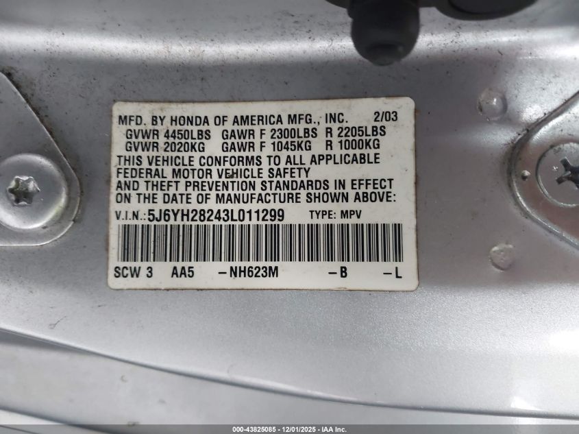 2003 Honda Element Dx VIN: 5J6YH28243L011299 Lot: 43825085