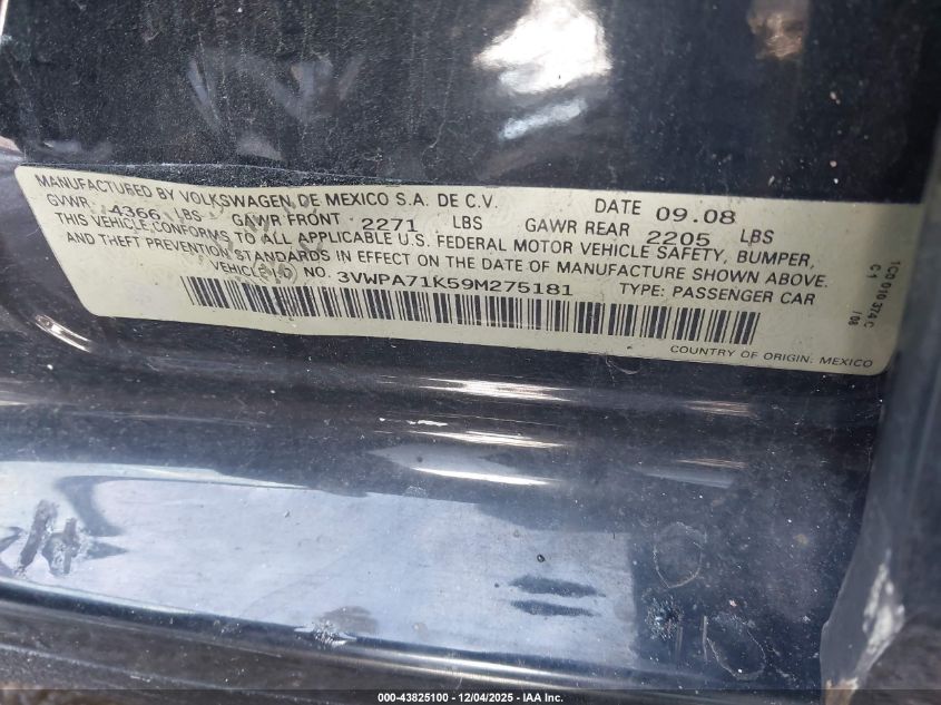 2009 Volkswagen Jetta 2.0T Sel VIN: 3VWPA71K59M275181 Lot: 43825100