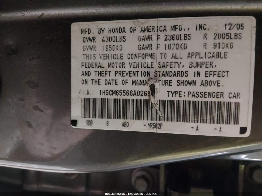 2006 Honda Accord 3.0 Ex VIN: 1HGCM65566A026907 Lot: 43825105