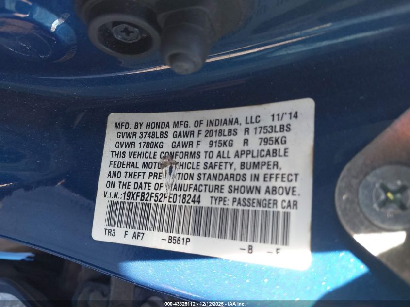 2015 Honda Civic Lx VIN: 19XFB2F52FE018244 Lot: 43825112