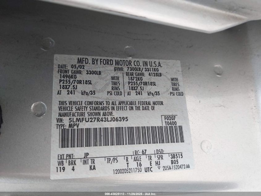 2003 Lincoln Navigator VIN: 5LMFU27R43LJ06395 Lot: 43825113