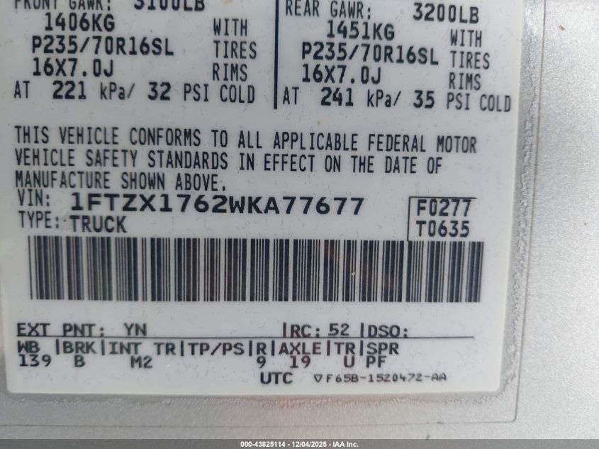 1998 Ford F-150 Lariat/Standard/Xl/Xlt VIN: 1FTZX1762WKA77677 Lot: 43825114