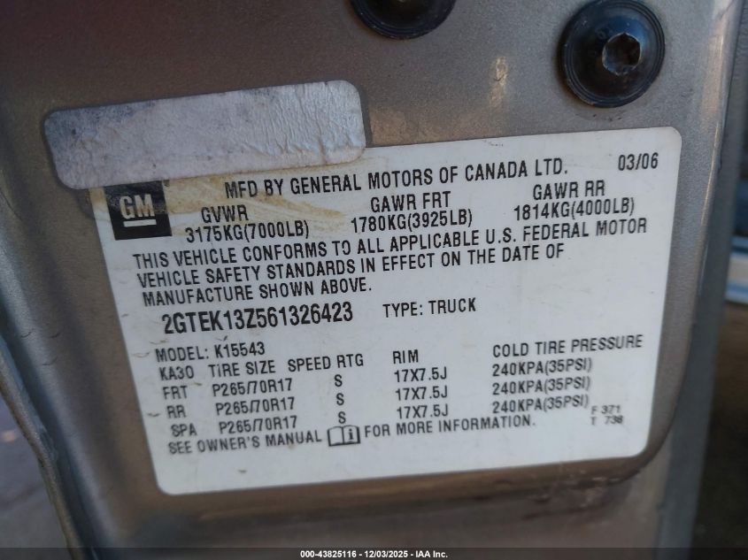 2006 GMC Sierra 1500 Sle1 VIN: 2GTEK13Z561326423 Lot: 43825116